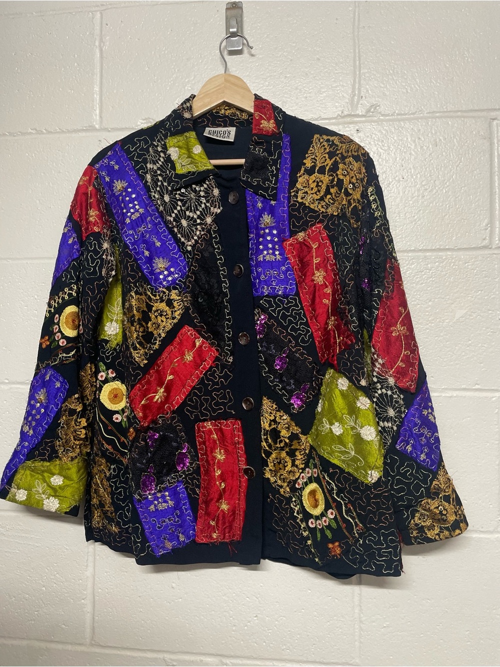 Vintage Chico's Boho art Patchwork Button-Front Shirt Jacket -